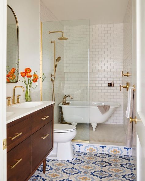 Brownstone Boys (@brownstoneboys) • Instagram photos and videos Primary Bathroom Tile, Brownstone Boys, Freestanding Bath With Shower, Custom Mosaic Tile, Standing Tub, Built In Bath, Wash Room, Standing Shower, Timeless Bathroom