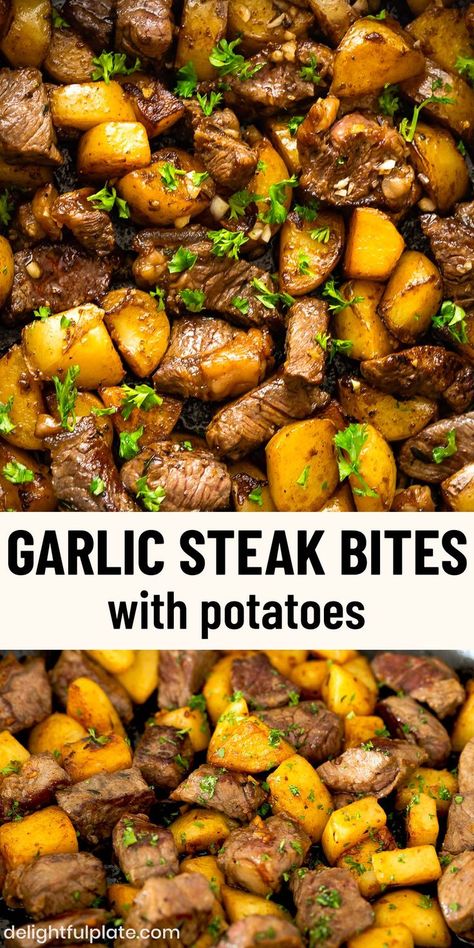 a skillet of garlic butter steak bites with potatoes. Dinner Recipes Asian, Steak Bites And Potatoes, Asian Steak, Beef Cubes, Asian Steak Bites, Crockpot Recipes Beef Stew, Recipes Asian, Potato Dinner, Beef And Potatoes