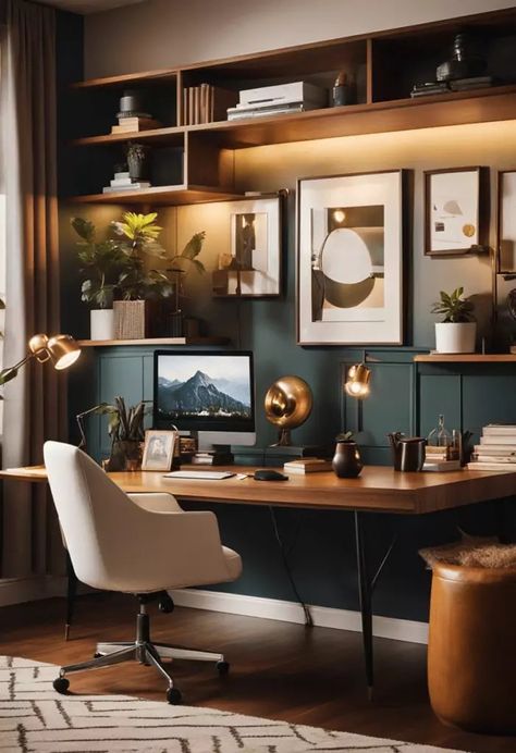 Mid-Century Modern Home Office Art Above Computer Monitor, Green And Black Home Office, Mid Century Modern Office Ideas, Coach Office Ideas, Modern Eclectic Office, Modern Cozy Office, Mcm Office Ideas, Mcm Home Office, Study Styling