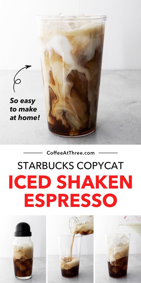 Starbucks Copycat Iced Shaken Espresso Starbucks Iced Shaken Espresso, Starbucks Shaken Espresso, Expresso Recipes, Iced Shaken Espresso, Espresso Drink Recipes, Caffeinated Drinks, Homemade Starbucks, Iced Chocolate, Shaken Espresso