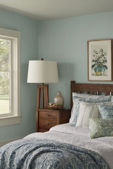 Most Soothing Paint Colors, Sea Salt Sherwin Williams Nursery, Sherwin Williams Sea Salt Bedroom, Sea Salt Bedroom Ideas, Sea Salt Sherwin Williams Bedroom, Sea Salt Bedroom, Pale Blue Bedrooms, Relaxing Paint Colors, Salt Paint