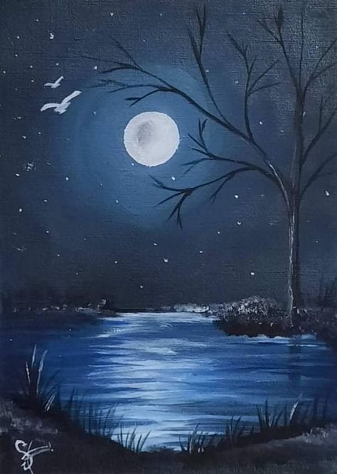 Night Scene Painting, Scenery Night, Human Painting, Easy Landscape Paintings, Art 2022, Monochromatic Art, Moonlight Painting, Waterfall Art, Dance Paintings