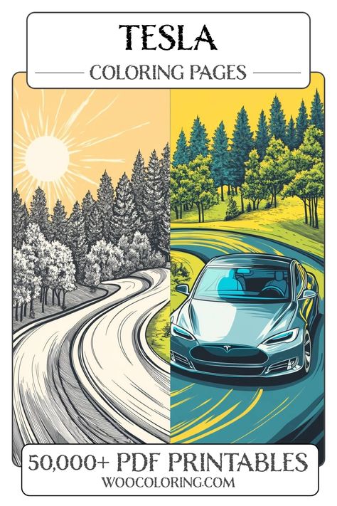 Rev up your creativity with our Detailed Tesla coloring pages! Perfect for car enthusiasts and art lovers alike, these intricate designs showcase stunning Tesla vehicles against beautiful natural backdrops. Download and enjoy hours of coloring fun with unique, high-quality printables that inspire imagination and relaxation. Tesla Car, Printable Coloring Sheets, Futuristic Cars, Dynamic Design, Green Roof, Sand Color, Free Coloring Pages, Showcase Design, Art Lovers