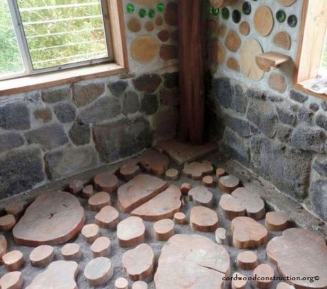 Cordwood Flooring DIY – Cordwood Construction ™ Cordwood Flooring, End Grain Flooring, Cordwood Homes, Flooring Diy, Cord Wood, Natural Homes, Cob House, Home Decoration Ideas, Natural Building