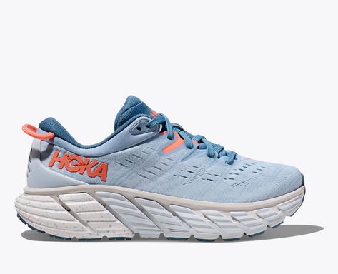 Shop the women's Gaviota 4 stability running shoe at hoka.com for FREE shipping and returns on all orders! Blue Fog, Hoka Shoes, 타이포그래피 포스터 디자인, Mesh Heels, Lace Heels, Hoka One One, Black Running Shoes, Sporty Outfits, Running Shoes Sneakers