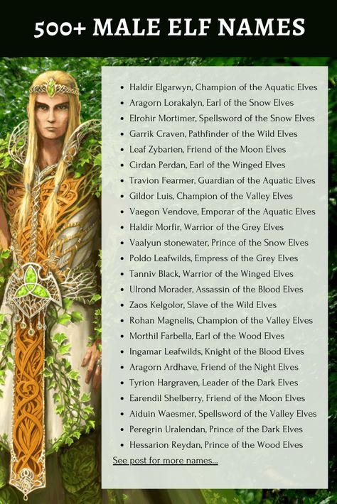 Over 500 male elf names to use in your stories. This male elf name generator includes first names, last names, titles and elf groupings. Elf Names Female, High Elf Names, Half Elf Names, Dark Fantasy Names, Wood Elf Names, Female Elf Names, Dark Elf Names, Male Elf Names, Fantasy Names Male