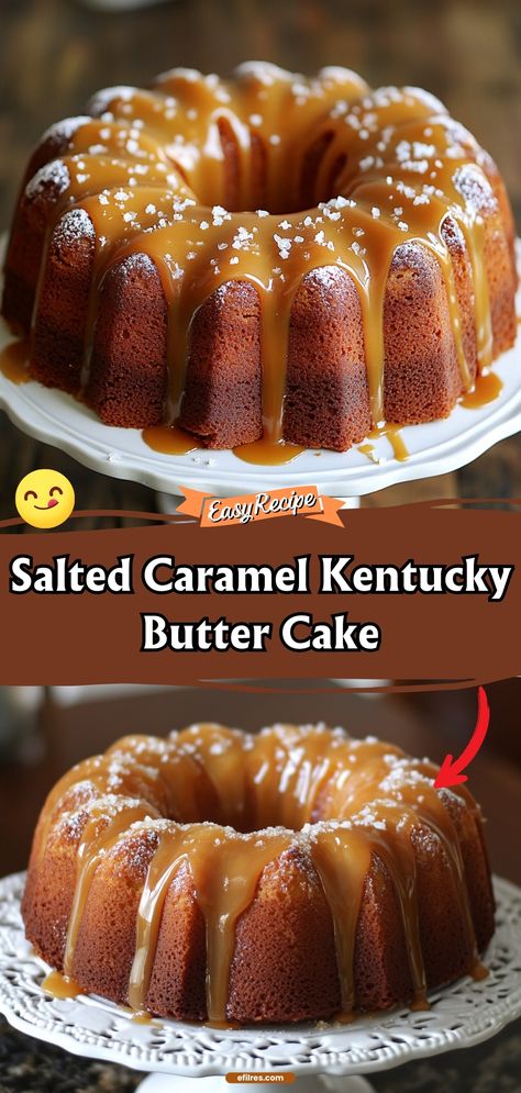 Our Salted Caramel Kentucky Butter Cake is a buttery, rich delight topped with a homemade salted caramel glaze that drips into the cake, creating irresistible, moist bites. It’s a decadent dessert that balances sweetness with a hint of salt. #ButterCake #SaltedCaramel #DessertLove Caramel Kentucky Butter Cake, Salted Caramel Kentucky Butter Cake, Caramel Pound Cake Recipe, Salted Caramel Glaze, Salted Caramel Desserts, Caramel Pound Cake, Sweet Potato Pound Cake, Caramel Butter, Showstopper Dessert