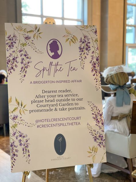 Bridgerton Tea at Hotel Crescent Court - The Rose Table Bridgertons Decor, Bridgerton Tea Party Decor Ideas, Brigerton Bachelorette, Bridgerton Welcome Sign, Brigerton Party Decoration, Bridgerton Girls Night, Bridgestone Party Ideas, Bridgerton High Tea Party, Bridgerton Ball Theme Party