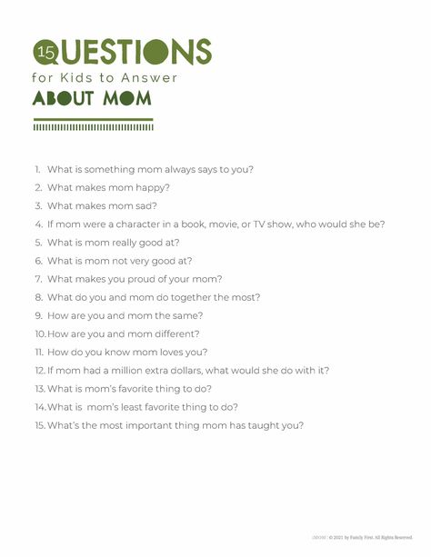 15 Questions for Kids to Answer about Mom - iMOM Mom And Som, Date Night Questions, Hand Care Routine, Questions For Kids, Kids Questions, Hypothetical Questions, Teaching Life Skills, All About Mom, Who Knows Mommy Best