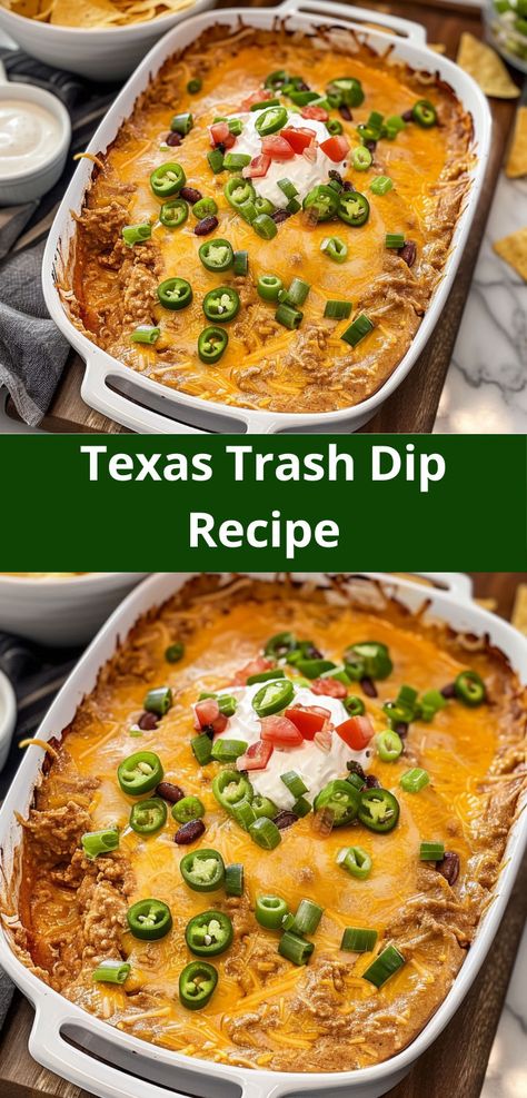 Spicy, cheesy Texas Trash Dip is a hit at every party. Simple, delicious, and easy to prepare! Western Theme Party Food, Trash Dip Recipe, Texas Trash Dip, Mexican Dip Recipes, Texas Trash, Mexican Dips, Spicy Dip, Spicy Tacos, Crowd Pleasing Appetizers