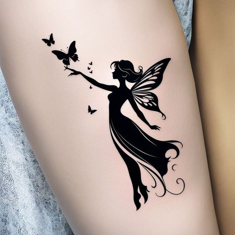 "Elegant Fairy Flight" Black ink silhouette of a fairy with butterfly and stars, capturing a graceful pose. #ElegantFairy #MinimalistTattoo #BlackInkArt #TattooInspiration "Fairy in Flight" Butterfly And Stars, Ink Silhouette, Black Ink Art, Fairy Silhouette, Gorgeous Tattoos, Leg Tattoo, Fairy Art, Tattoo Inspo, In Flight