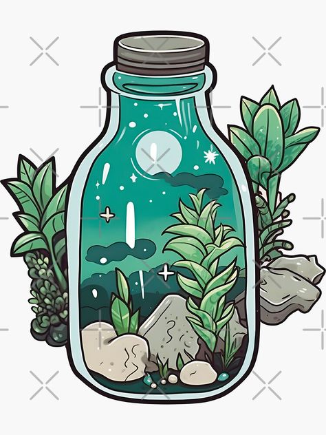 "Magic plants in a bottle" Sticker for Sale by Lialightart | Redbubble Person In Bottle Drawing, Bottle Aesthetic Art, World In A Bottle Drawing, Cute Bottle Drawing, Kawaii Bottle Drawing, Magic Bottle Drawing, Magical Plants Art, Plants In A Bottle, Nature Jar