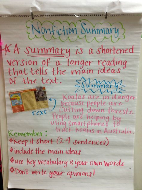 Nonfiction Summary anchor chart (Could use with Scholastic News) Objective Summary Anchor Chart, Summarizing Anchor Chart Nonfiction, Nonfiction Summary Anchor Chart, Non Fiction Summary Anchor Chart, Writing Summary, Summary Informational Text Anchor Chart, Informational Text Anchor Chart, Summary Anchor Chart, Summary Nonfiction