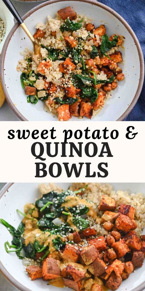 Chickpea, sweet potato and quinoa bowls are perfect for meal prep and make ahead lunches. They feature seasoned roasted sweet potatoes, two sources of plant-based protein, and a zesty lemon-almond sauce. This recipe is vegan & gluten-free. Sweet Potato And Quinoa, Chickpea Sweet Potato, Sweet Potato Quinoa, Quinoa Recipes Healthy, Sweet Potato Bowls, Quinoa Sweet Potato, Quinoa Bowls, Healthy Bowls Recipes, Healthy Plant Based Recipes