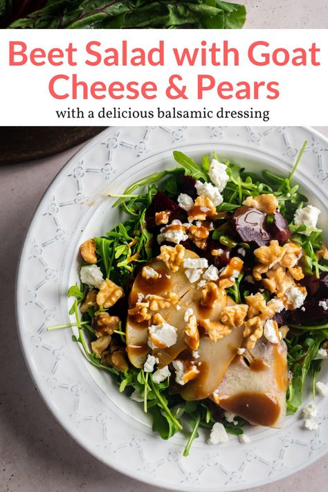 This amazing roasted beet and goat cheese salad is served with arugula, pears, and an amazing balsamic dressing. Easy and so delicious! #appetizer #lunch #salad #sidedish Beet And Goat Cheese Salad, Beet Salad With Goat Cheese, Soup And Salad Combo, Salad With Goat Cheese, Beet And Goat Cheese, Beet Salad Recipes, Roasted Beet Salad, Slender Kitchen, Lunch Salad