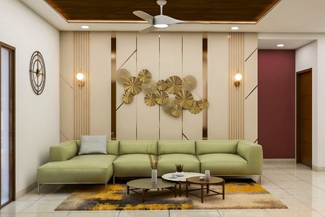 L Shape Wall Design Living Room, L Shape Living Room False Ceiling Design, Panelled Accent Wall, Premium Living Room, Cove Light, Interesting Living Room, Couch Wall Decor, Walls Design, Wooden Wall Design