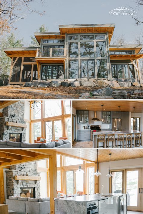 Contemporary Timber Frame House, Modern Lake House Plans Big Windows, Upslope House Design, Modern Log Home Exterior, Timber Frame Homes Plans, Modern Cabin Floorplan, Lake Home Plans, Small Timber Frame House Plans, Timber Frame Cabin Plans