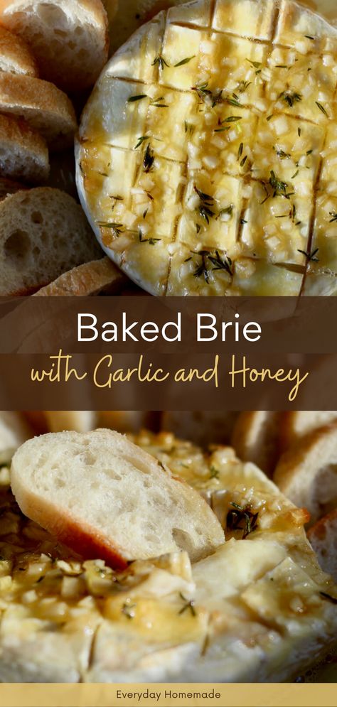 Enjoy a stress-free holiday appetizer with our Baked Brie with Garlic, honey, and thyme. In just 30 minutes, whip up this savory and sweet dish, drizzled with olive oil. It's the perfect blend of creamy, rich, and gooey—ideal for Christmas gatherings. Simple, quick, and delicious! Christmas Brie Bites, Brie Recipes Sweet, Brie And Garlic Baked, Oven Baked Brie Cheese, French Brie Appetizer, Brie Snacks Simple, Baked Brie With Apple Butter, Sweet Baked Brie, Baked Brie With Garlic And Honey