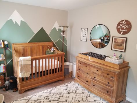 Little boy nursery. Adventure theme. Outdoors. Woodland. Mountain Mural. Green Adventure Nursery, Mountain Forest Mural Nursery, Sage And Blush Nursery Forest, Mountain Outdoor Theme Nursery, Murals For Nursery, Nursery Ideas Nature Theme, Nursery Theme Woodland, Adventure Is Out There Nursery, Nursery Ideas Camping Theme