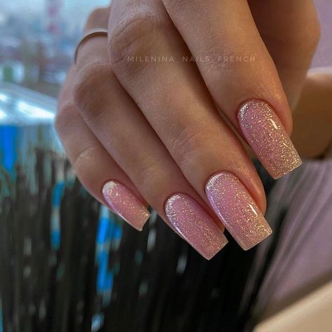 Milky Pink Nails With Glitter, Pink Sparkle Nails, Nude Nails With Glitter, Pink Tip Nails, Milky Nails, Pink Glitter Nails, Glittery Nails, Work Nails, Shiny Nails