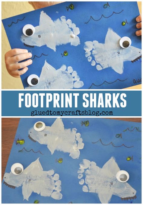 Shark Week Crafts, Shark Craft, Footprint Crafts, Baby Art Projects, Footprint Art, Ocean Crafts, Kid Craft, Daycare Crafts, Toddler Art