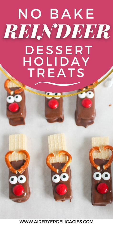 No-bake vanilla wafer reindeer cookies for easy and festive holiday desserts. Reindeer Pretzel Rods, Rolo Pretzels Christmas, Christmas Kids Treats, Christmas Treats Kids, Christmas Baking Ideas Treats, Christmas Pretzel Treats, Christmas Pretzel Rods, Easy Christmas Treats For Kids, Pretzel Reindeer