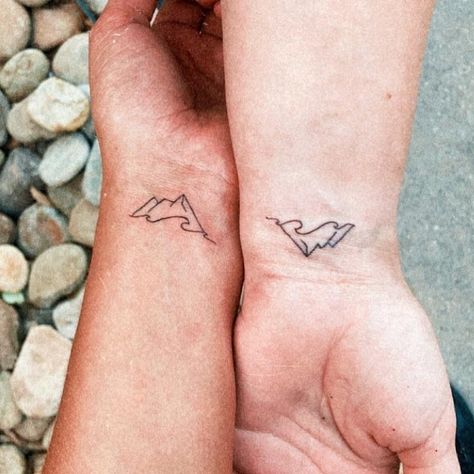 Mountain And Waves Tattoo Matching, Wave And Mountain Matching Tattoo, Camping Matching Tattoo, Best Friend Tattoos Mountains, Wave And Mountain Couple Tattoo, Mountain And Wave Best Friend Tattoo, Beach And Mountain Matching Tattoo, Small Wave And Mountain Tattoo, Small Mountain Ocean Tattoo