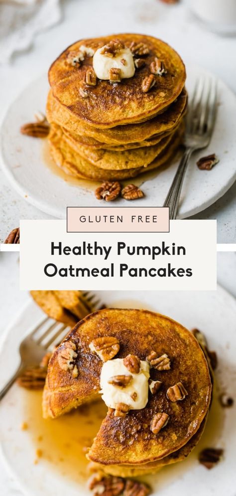 Deliciously fluffy healthy pumpkin oatmeal pancakes made with pumpkin puree, oats, pumpkin pie spices and naturally sweetened with a touch of pure maple syrup. This perfect, healthy pumpkin pancake recipe is gluten free and can be made right in your blender! #pumpkin #pancakes #glutenfree #healthybreakfast #glutenfreebreakfast #pumpkinrecipe Pumpkin Puree Recipes Healthy, Healthy Pumpkin Oatmeal, Pumpkin Oatmeal Pancakes, Pumpkin Pancake, Gluten Free Pumpkin Recipes, Oatmeal Pancakes Recipe, Df Recipes, Pumpkin Puree Recipes, Pumpkin Pancake Recipe