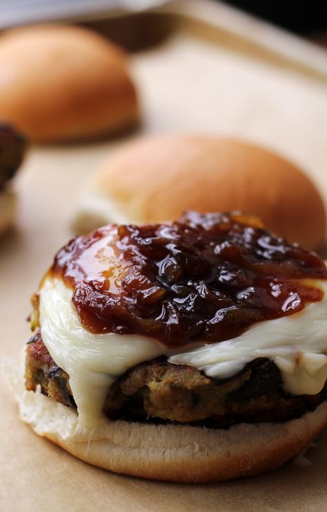 Eggplant-based veggie burgers are topped with sweet salty honey-beer glazed caramelized shallots and a layer of melted cheese to make plant-based burger that you won't forget. Eggplant Burger, Caramelized Shallots, Veggie Burgers, Eggplant Recipes, Veggie Burger, Burger Recipes, Melted Cheese, Sweet And Salty, Shallots