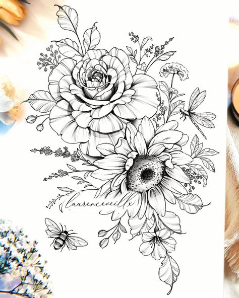 Rose And Sunflower, Wildflowers Tattoo, Ornament Tattoo, Printable Stencil, Printable Tattoos, Dragonfly Tattoo Design, Wildflower Tattoo, Flash Tattoo Designs, Floral Tattoo Design