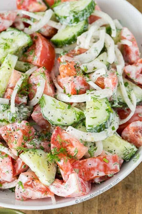 Creamy Cucumber Tomato Salad, Broccoli Salad With Cranberries, Summertime Food, Tomato And Onion Salad, Salad Appetizer Cups, Salad Kale, Tomato Salad Recipes, Creamy Cucumber Salad, Resep Salad