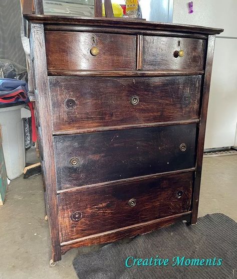 Classic and timeless are the 2 words next to gorgeous that are used for this antique dresser makeover. Do you agree? This antique dresser purchased along with this  super sweet dresser refinished in warm white are both over 100 years old and each well used over those years.It was scrubbed inside and out to remove years of build up and get all the surfaces clean using Dixie Belle white lightning cleaner in a bucket of warm water and a bit of dawn. I scrub well with… Black Antique Dresser, Antique Dresser Makeover, Dresser Upcycle, Stained Dresser, Two Tone Dresser, Repainting Furniture, Dresser Refinish, Refinish Furniture, Stripping Paint