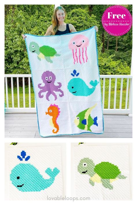 Ocean Animals Blanket Free Crochet Pattern Crochet Blanket Squares, Crochet Ocean Animals, Crochet Fish Patterns, Blanket Squares, Crochet Turtle Pattern, Crochet C2c Pattern, C2c Crochet Pattern Free, Free Baby Blanket Patterns, C2c Crochet Blanket