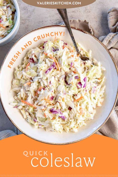 This Quick Coleslaw recipe combines bagged coleslaw mix with a creamy, tangy homemade dressing. A fresh and crunchy summer side dish that's ready in about 10 minutes! Quick Coleslaw Recipe, Kfc Coleslaw Recipe Easy, Quick Coleslaw, Lemon Dessert Recipes Easy, Creamy Coleslaw Dressing, Dessert Shooters Recipes, Lemon Desserts Easy, Easy Coleslaw, Coleslaw Recipe Easy