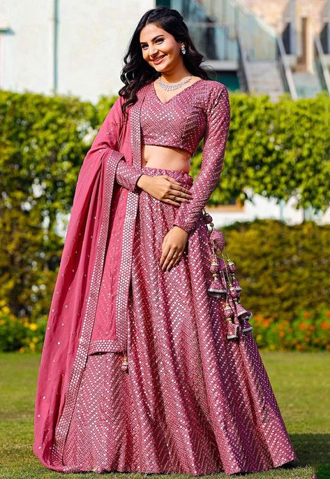 Buy Embroidered Georgette Lehenga in Pink Online in India - Etsy Women's Lehanga Design, Short Sleeve Lehenga, Lehenga Designs With Sleeves, V Neck Choli Designs, Full Length Blouse Designs For Lehenga, Women Lehanga Designs, Diwali Dress For Women, Western Chaniya Choli Designs Weddings, Lehenga For Diwali Festival