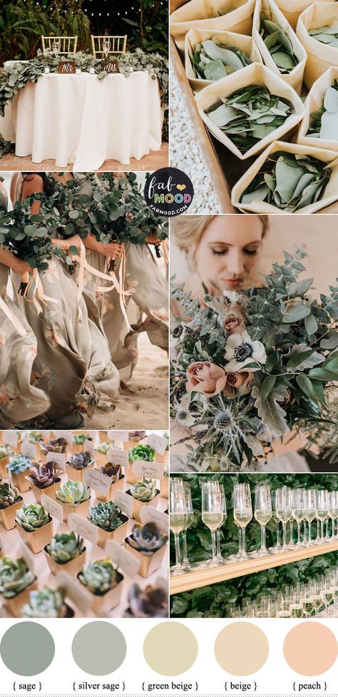 Beige and Sage Wedding Color Palette | fab wedding ideas | fabmood.com Wedding Eucalyptus Color Scheme, Wedding Theme Eucalyptus, Rose Gold Sage Green Wedding Color Schemes, Eucalyptus Spring Wedding, Beige Sage And Blush Wedding, Best Wedding Colors Combinations Summer, Eucalyptus Wedding Color Palette, Eucalyptus Wedding Palette, Eucalyptus Color Palette Wedding