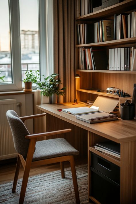 Read the guide on how to set up your home office desk to create a cozy space for studying or just to chill. Corner Desk Office Layout, Home Office Layout Plan, Reading Table Design, Corner Computer Desk Ideas, Desk Set Up, Office Library Combo, Small Room Office Ideas, Home Office In Living Room, Mid Century Home Office