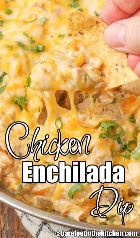 Enchilada Dip Crockpot, Chicken Enchiladas Dip, Easy Chicken Dips, Gluten Free Chicken Enchiladas, Enchilada Dip, Green Chili Chicken Enchiladas, Chicken Enchilada Dip, Crockpot Chicken Enchiladas, Tortilla Chip