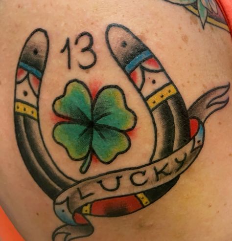 So this was designed from by Brandon at Dark Horse Art Studio in Pekin Illinois! Walked in and said I want a lucky tattoo 😂 #americantraditional #tattoo #lucky #fridaythe13th #fourleafclover #horseshoe #girlswithtattoos Four Leaf Clover Tattoo American Traditional, American Traditional Lucky Tattoo, American Traditional Clover Tattoo, Four Leaf Clover Tattoo Traditional, Traditional Clover Tattoo, Black Horse Tattoo, Lucky 13 Tattoo, Pekin Illinois, Leaf Clover Tattoo