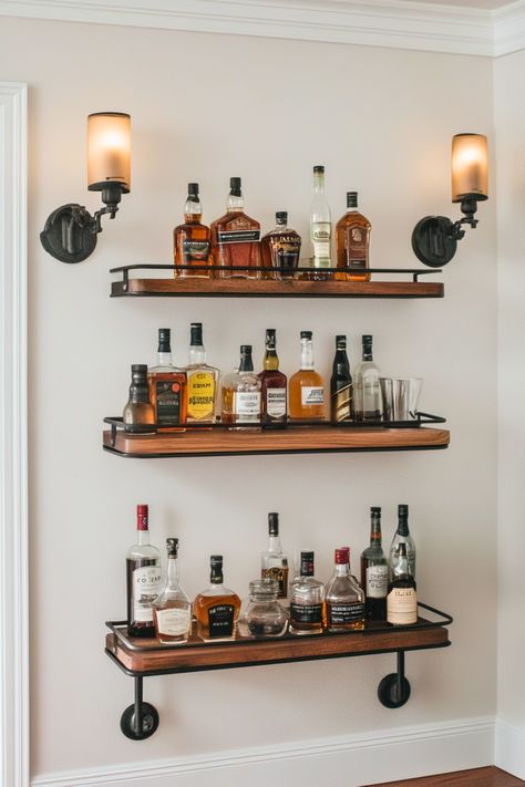 Love bar carts but need something more permanent? This creative idea repurposes your bar cart into stylish, multi-tiered shelves that are perfect for storing liquor and glassware. I adore how functional and chic this concept is, making it a fantastic addition to small home bar setups or living rooms. Ready to turn your cart into a statement piece? Small Space Bar Ideas, Alcohol Bar For Home, Home Whiskey Bar, Small Bar Ideas For Home, Home Bar Shelf, Glass Bar Shelves, Floating Bar Shelves, Bar Room Design, Small Home Bar