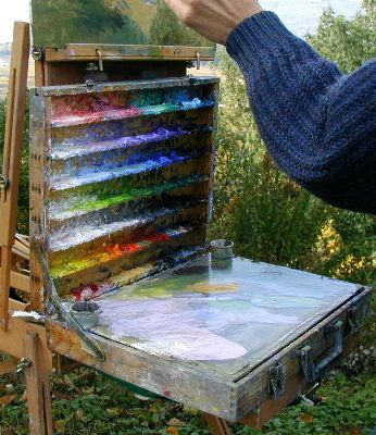 Unique plein air palette - WetCanvas: Online Living for Artists Artist Palettes, Painting Equipment, Plein Air Easel, Artist Workspace, Painters Studio, Palette Organizer, Outdoor Painting, Pochade Box, Oil Painting Tips