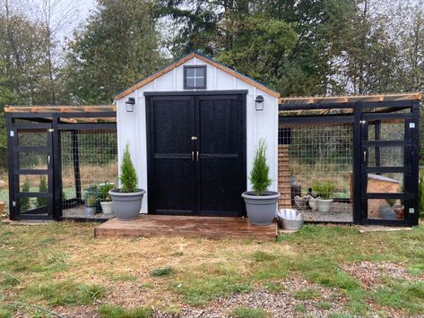 Spanish Style Chicken Coop, L Shaped Chicken Coop, Chicken Coop Farmhouse Style, Chicken Coop Ideas Farmhouse, Chicken Coop Around Garden, Chicken Coop With Double Run, Chicken Coop Fencing, Chicken Coops Made From Sheds, Chicken Coop With Two Runs