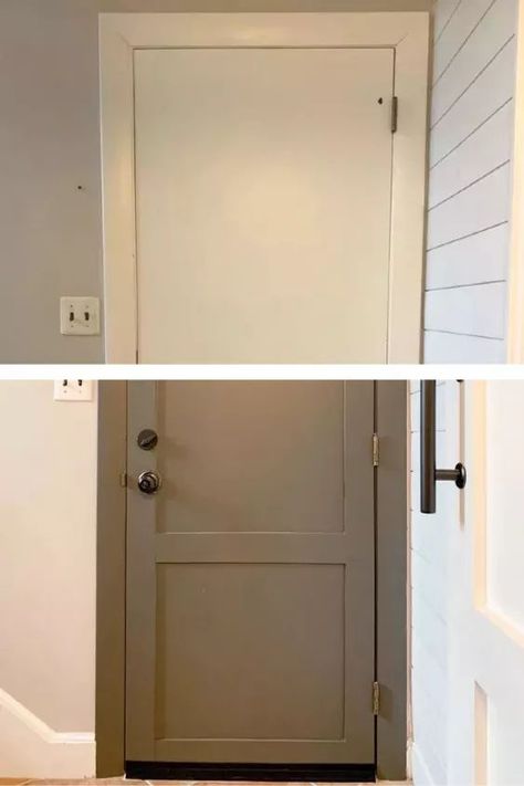 Interior Door Ideas Creative, Add Trim To Door, Old Door Makeover, Diy Door Upgrade, Craftsman Style Doors, Cabin Remodel, Door Makeover Diy, Closet Door Makeover, Living Room Wall Decor Ideas