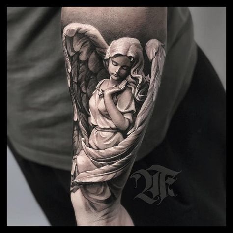 Angel Tattoo Sleeve For Men, Angel Tattoos For Guys, Angel Tattoo Men Arm, Guardian Angel Tattoo Sleeve, Roman Angel Tattoo, Angel Tattoo Realistic, Tattoos Of Angels, Angel Praying Tattoo, Guardian Angel Tattoo For Men