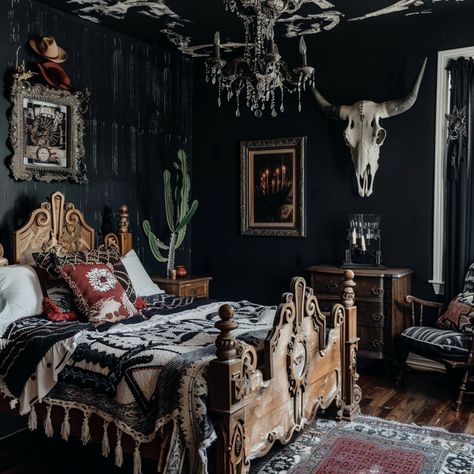 Western Gothic Decor Ideas: How to Get the Look in Your Apartment — Moda Misfit | Small Apartment Styling + Cozy Living Southern Gothic Home Aesthetic, Western Gothic Decor Bedroom, Western Gothic Bedroom, Southern Gothic Room, Southern Gothic Bedroom, Dark Western Bedroom, Western Gothic Decor, Witchy Rooms, Western Gothic Aesthetic