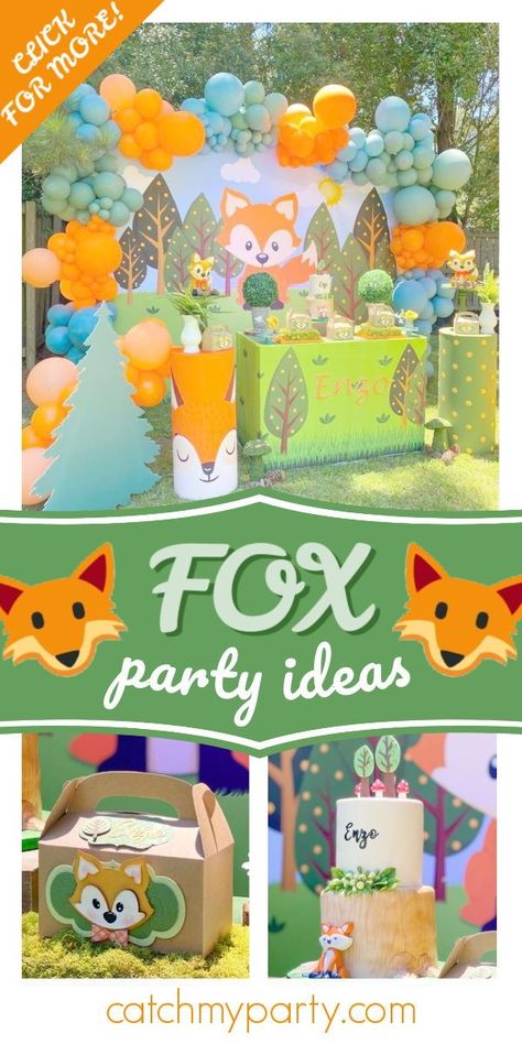 Check out this cute fox-themed birthday party! The cake is adorable!   See more party ideas and share yours at CatchMyParty.com #catchmyparty #partyideas #woodlandparty #fox #foxparty #boybirthdayparty Fox Birthday Party Ideas, Fox Themed Birthday Party, Fox And Bear, Fox Birthday Party, Fox Party, 7 Birthday, Fox Birthday, Girls Party Favors, Bear Birthday Party