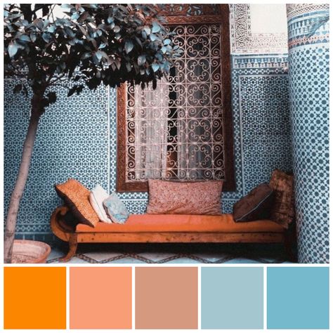 Contrasting colour scheme of orange and blue feature in this courtyard in a Moroccan riad. Arabic blue/turquoise and white tiles create a contrasting backdrop to the orange couch. Colour palette illustration by Zena O’Connor. Blue And Orange Living Room, Moroccan Colors, Deco Orange, Moroccan Riad, Orange Couch, Moroccan Bedroom, Moroccan Homes, Interior House Colors, Moroccan Interiors