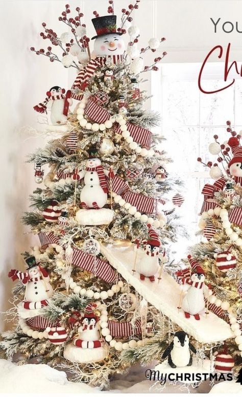 23+ Snowman Christmas Tree Ideas Your Kids Will Love 11 Christmas Tree Decorations Ribbon, Christmas Tree Decorated, Christmas Tree Decorating Themes, Creative Christmas Trees, Christmas Tree Decorations Diy, Christmas Themes Decorations, Snowman Christmas Tree, Christmas Tree Inspiration, Christmas Tree Ideas