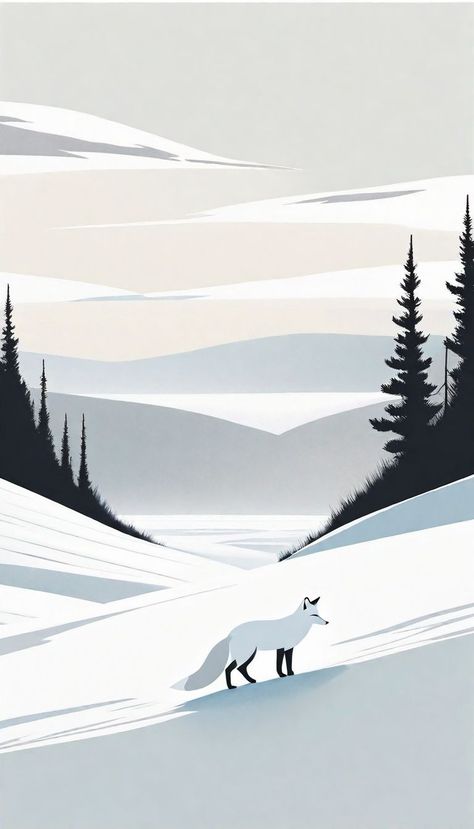 The white fox is depicted in a minimalist style, standing alone in a vast and silent wilderness. The influence of Barker can be seen in the simplicity of the fox's form and the use of muted tones. Through this illustration, the artist captures the essence of solitude and the wild beauty of the arctic landscape. Fox Winter Illustration, Arctic Fox Painting, Winter Fox Illustration, Artic Fox Drawings, Arctic Fox Illustration, Winter Animals Illustration, Winter Fox Art, Arctic Illustration, Arctic Painting