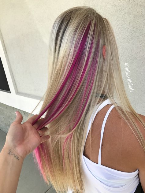 Blonde Hair With Hidden Color, Colorful Streaks In Hair Blonde, Blonde With Coloured Highlights, Fun Highlights For Blondes, Color Streak In Hair, Blond Hair With Pink Streaks, Pink Strip In Blonde Hair, Peekaboo Pink In Blonde Hair, Hot Pink Underneath Hair Blonde